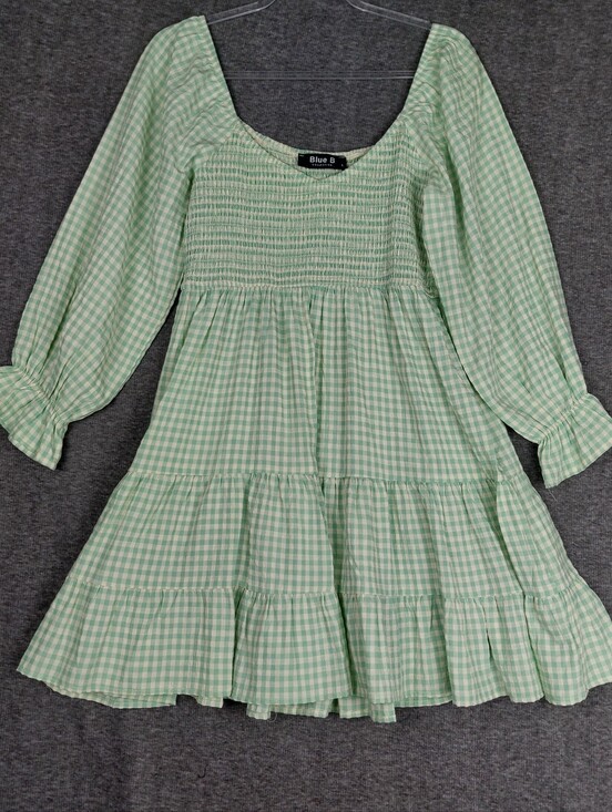 Blue B Collection Dresses & Skirts - BLUE B COLLECTION WOMENS MINT CREAM GINGHAM SMOCKED LONG SLEEVE MINI DRESS L